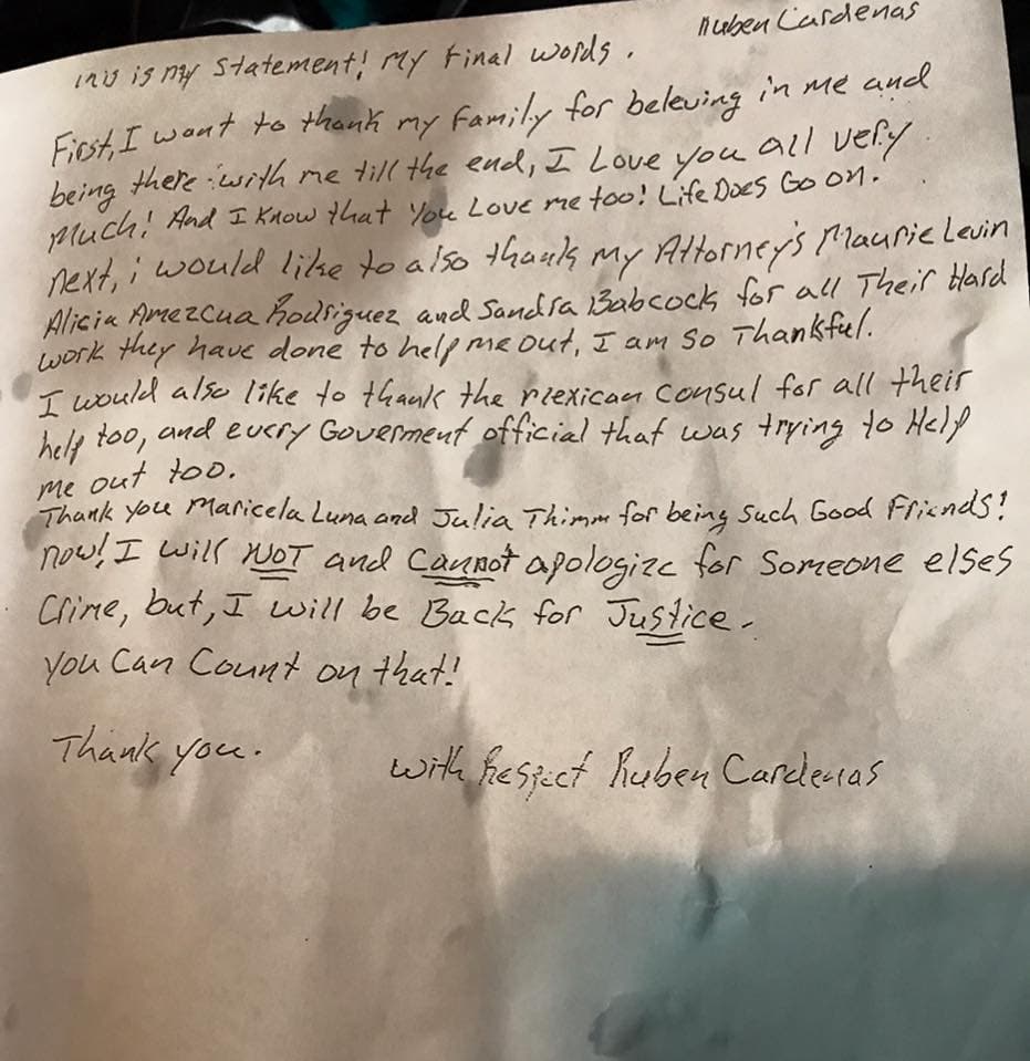 Esta es la carta que dejó el mexicano ejecutado en Texas: "Volveré por Justicia"