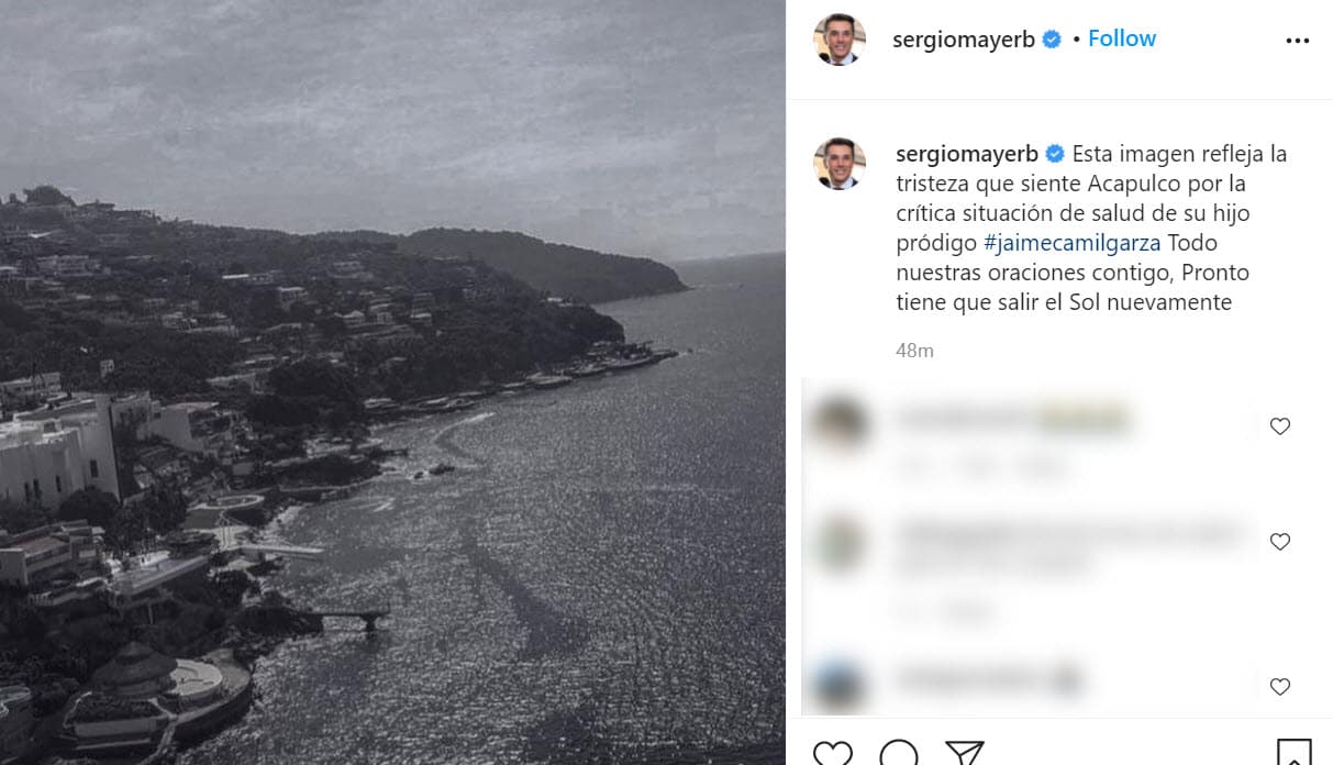 "Esta imagen refleja la tristeza que siente Acapulco por la 
<b><a href="https://www.instagram.com/p/CId6JlXBaHG/" target="_blank">crítica situación de salud</a></b> de su hijo pródigo Jaime Camil Garza. Todas nuestras oraciones contigo, pronto tiene que salir el sol nuevamente", escribió junto a esta foto. 
<br>