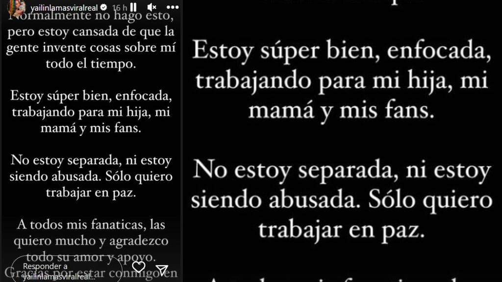 Yailin emitió esta publicación en Instagram en la que asegura estar "bien" y "no estar siendo abusada" tras supuesta golpiza por parte de Tekashi.