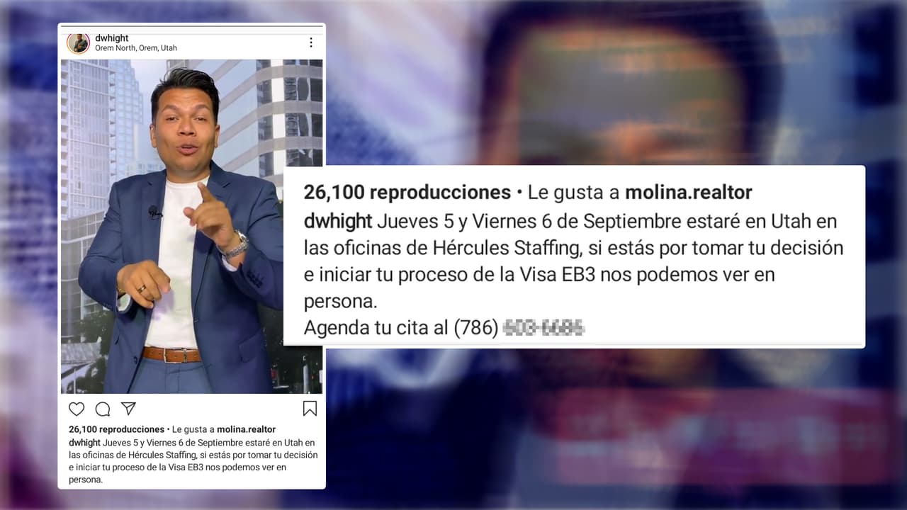 Una captura de pantalla compartida por las personas entrevistadas a 
<i>Univision 32</i> de la cuenta de Dwhight Molina en Instagram, se observa cómo promociona una visita a las oficinas de Hercules Staffing en el estado de Utah, mientras promueve la visa EB-3.
