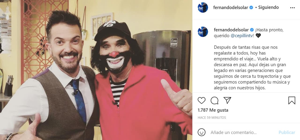 El actor y presentador Fernando del Solar destacó el trabajo artístico de la hoy fallecida estrella, quien alegró la vida de varias generaciones: "Después de tantas risas que nos regalaste a todos, hoy has emprendido el viaje...
<b><a href="https://www.instagram.com/p/CMKpkb5H0zT/?igshid=19y3i6z7b8nhm" target="_blank"> Vuela alto y descansa en paz</a></b>. Aquí dejas un gran legado en varias generaciones que seguimos de cerca tu trayectoria y que seguiremos compartiendo tu música y alegría con nuestros hijos".