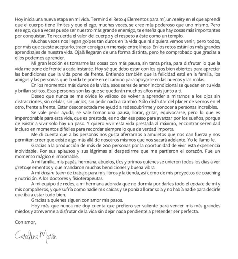 Reto 4 elementos fue una gran experiencia para ella, por eso escribió una carta para compartirla con sus seguidores en las redes sociales.