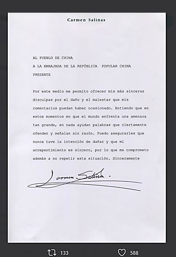 Y agregó en su comunicado: "Entiendo que en estos momentos en que el mundo enfrenta una amenaza tan grande, 
<b>en nada ayuda palabras que ciertamente ofenden y señalan sin razón</b>. Puedo asegurarles que nunca tuve la intención de dañar y que mi arrepentimiento es sincero".