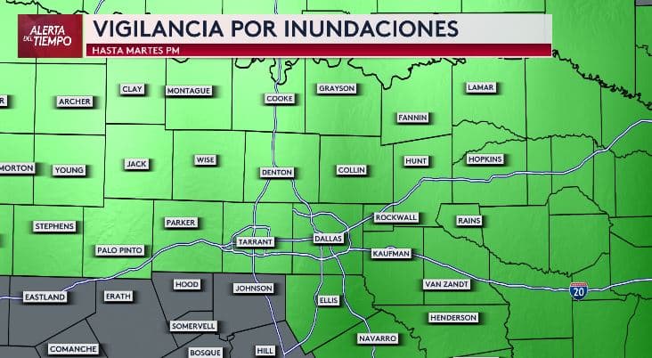 <a href="https://www.weather.gov/" target="_blank">El Servicio Meteorológico Nacional</a> emitió 
<b>una Vigilancia por Inundaciones Repentinas para gran parte del norte de Texas</b>, incluyendo Dallas y Fort Worth, ante 
<b>el paso de varias tormentas entre el lunes y el martes.</b>