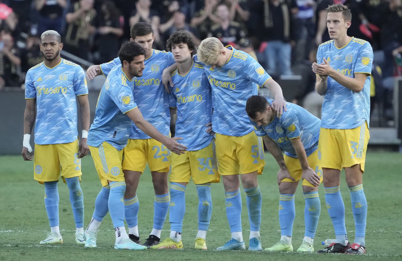 Nov 5, 2022; Los Angeles, California, US; Philadelphia Union players react on the field during penalty kicks against Los Angeles FC at Banc of California Stadium. Mandatory Credit: Kirby Lee-USA TODAY Sports