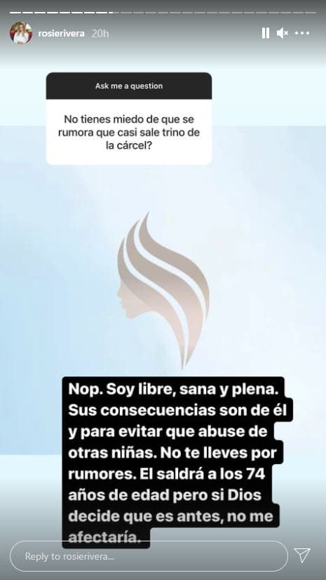 "No te lleves por rumores. Él saldrá a los 74 años de edad, pero si Dios decide que es antes, no me afectaría", explicó en una de sus historias de Instagram.
<br>