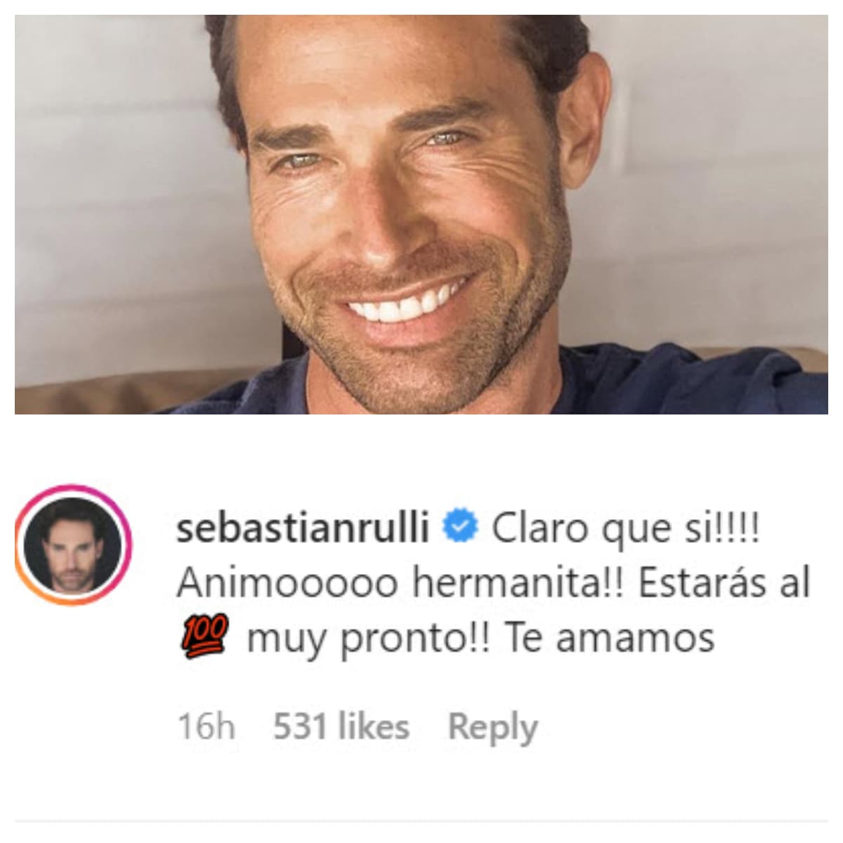 Desde España, Sebastián Rulli le mandó un cariñoso mensaje a quien considera su "hermanita" y deseó poder verla pronto. El actor está en ese país 
<b><a href="https://www.univision.com/famosos/sebastian-rulli-llego-al-auxilio-de-su-padre-pero-no-le-pudo-dar-ni-un-abrazo-video" target="_blank">apoyando a su padre</a></b>, Óscar Rulli, quien sufrió un derrame cerebral del que ya se recupera. 
<br>