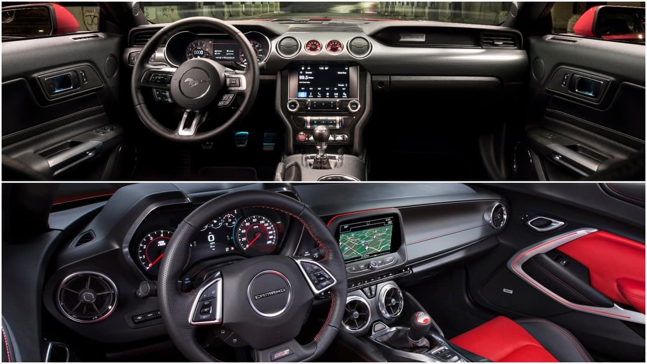 <h3 class="cms-h3-H3">Cabina.</h3>
<br>
<br>Ambos modelos cuentan con habitáculos diminutos, con espacio para dos adultos en los asientos delanteros y para dos contorsionistas, o niños pequeños, en los traseros. Sin embargo ambos están calificados oficialmente como 4 puestos. El Camaro 2016 se destacó por el diseño moderno y los materiales de primera utilizados en su cabina, que contrastaba con el desastroso interior de su predecesor. Chevrolet no ha confirmado si habrá cambios en el interior del Camaro para 2019, pero en todo caso su cabina es de primera línea y clase internacional. La historia no es igual en el caso del Mustang, la cabina del modelo anterior aunque no era de mala calidad no era del nivel del Camaro, para 2018 Ford mejoró la calidad de los materiales y desarrolló un nuevo cuadro de instrumentos digitales sumamente versátil para las versiones Premium del modelo que ha logrado descontar algo de terreno.