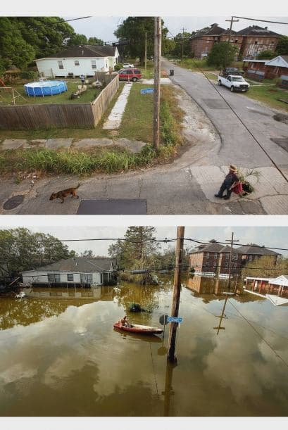 Una mujer camina con un perro en el Lower Ninth Ward el 16 de mayo, 2015, en Nueva Orleans, Louisiana. En 2005 las personas se transportaban en canoas debido a las inundaciones.