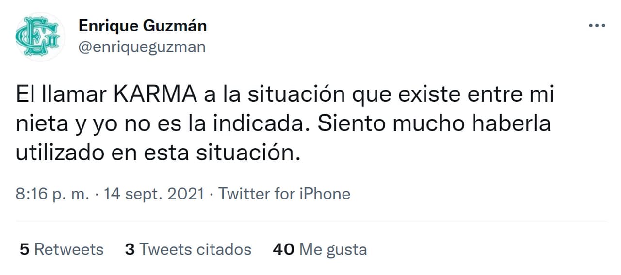 Esa misma noche, publicó una disculpa en Twitter y un día después apareció en 'Ventaneando' 
<b><a href="https://www.univision.com/famosos/enrique-guzman-pide-disculpas-natasha-moctezuma-karma-frida-sofia" target="_blank">"suplicando" a la familia Moctezuma su "perdón". </a></b>