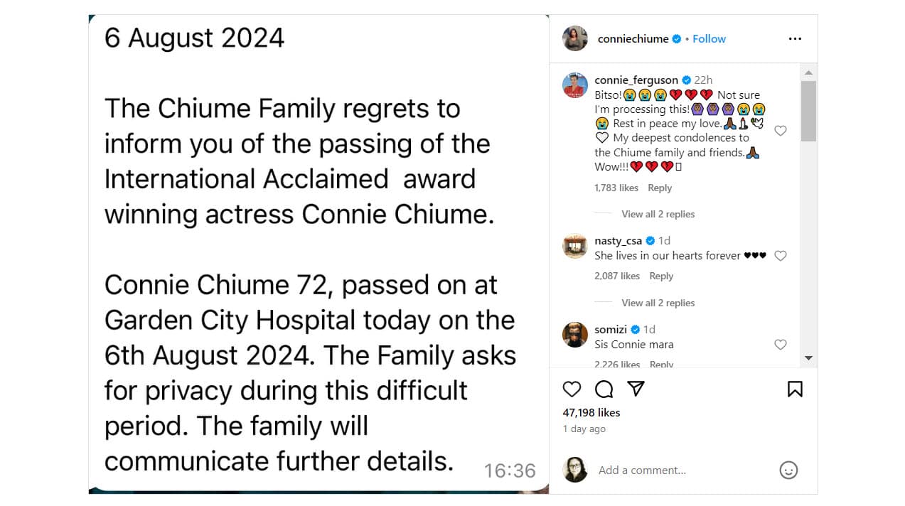 Muere la actriz sudafricana Connie Chiume.