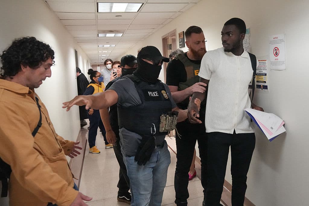 Un observador judicial es apartado mientras ICE detiene a un inmigrante en el Federal Plaza Courthouse el 27 de junio de 2025 en Nueva York. Según UC Berkeley, las detenciones han crecido en 38 estados, con tácticas anónimas de ICE generando tensiones. (Foto por Bryan R. SMITH/AFP via Getty Images)
<br>