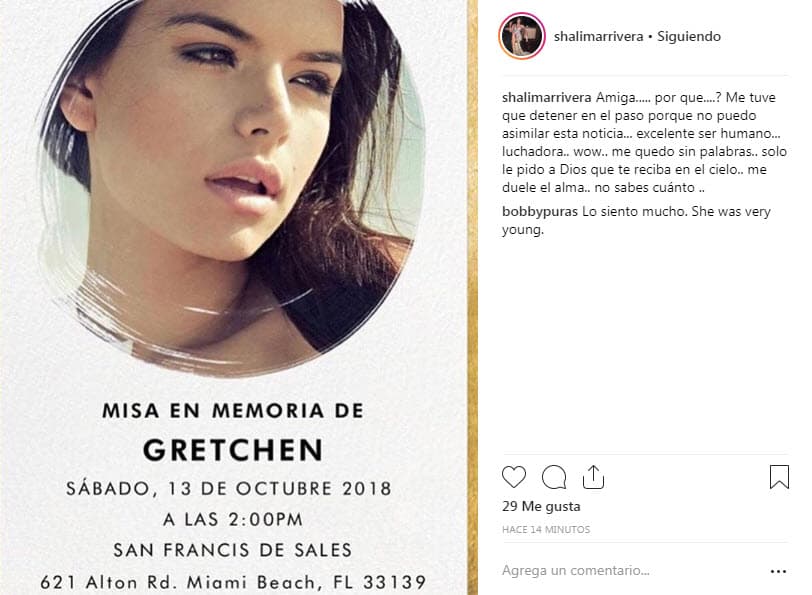Shalimar Rivera, quien concursó en la misma edición de Nuestra Belleza Latina que Gretchen, también lamentó la partida de su amiga.
