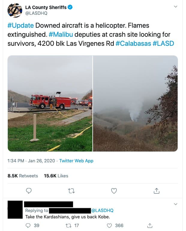 La oficina del Sheriff del condado de Los Ángeles confirmó que el accidente con el helicóptero privado de Kobe Bryant fue fatal, pero los nombres de las 9 víctimas (8 pasajeros más el piloto) solo serán publicados cuando el forense confirme sus identidades y las familias sean debidamente informadas.