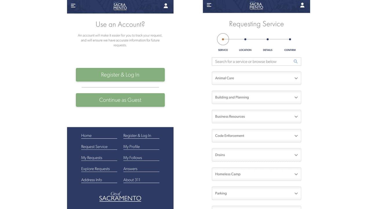 Tendrás dos opciones: regístrate, donde te pedirá un correo electrónico, o continuar como invitado. Después te abrirá la ventana “Requesting Service” en donde deberás dirigirte hasta la sección “Homeless Camp”.