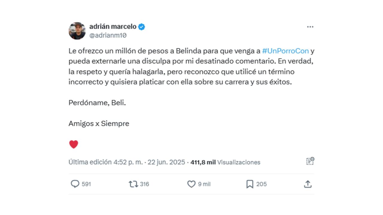 Así se disculpó Adrián Marcelo con Belinda.