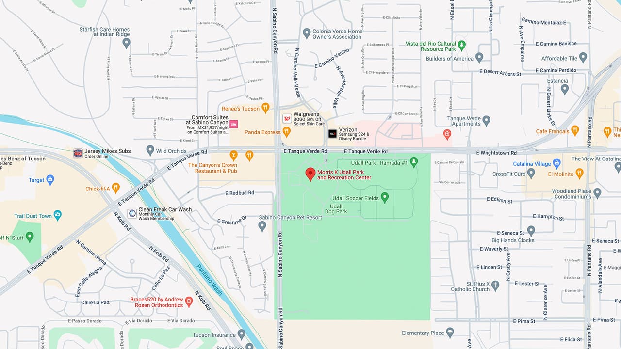 Morris K. Udall Center,
<a href="https://www.google.com/maps/place/Morris+K+Udall+Park+and+Recreation+Center/@32.249289,-110.839047,16z/data=!4m6!3m5!1s0x86d66ee1fabfacab:0x6ba35670c3c56dc7!8m2!3d32.2492885!4d-110.8390471!16s%2Fg%2F1tdrftc0?hl=en&entry=ttu" target="_blank">7200 E Tanque Verde Road. </a>