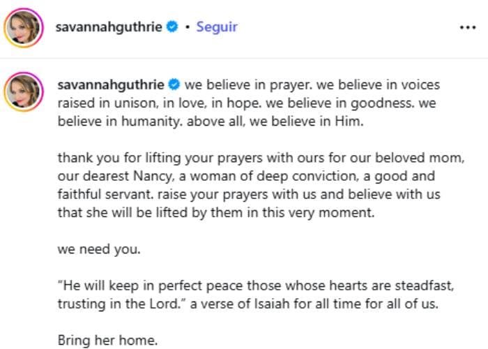 Savannah Guthrie pidió a sus seguidores orar por su mamá, Nancy Guthrie.