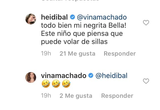 "¡Todo bien mi negrita bella!", le respondió la esposa del actor mexicano, "este niño que
<b><a href="https://www.univision.com/famosos/asi-reaccionan-los-hijos-de-jaime-camil-a-la-comida-saludable-de-heidi-balvanera-video" target="_blank">piensa que puede volar</a></b> de las sillas".