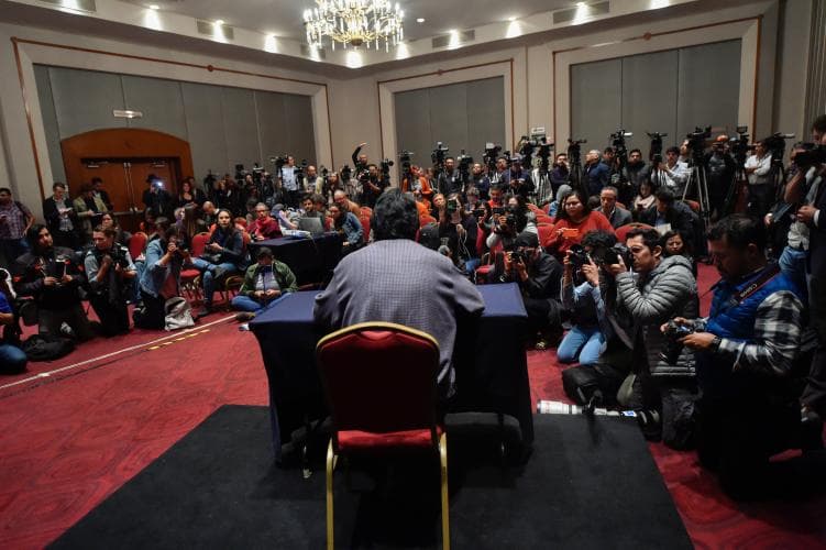 Evo Morales gives a press confernce after his arrival in exile in Mexico.