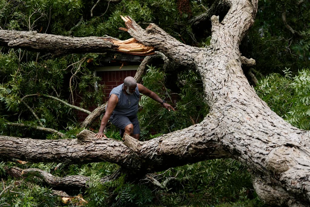 Hook Jefferson evalúa los daños después de que un árbol cayera sobre la casa de su vecino tras el paso del huracán Beryl por la costa de Texas, el lunes 8 de julio de 2024, en Bay City, Texas.