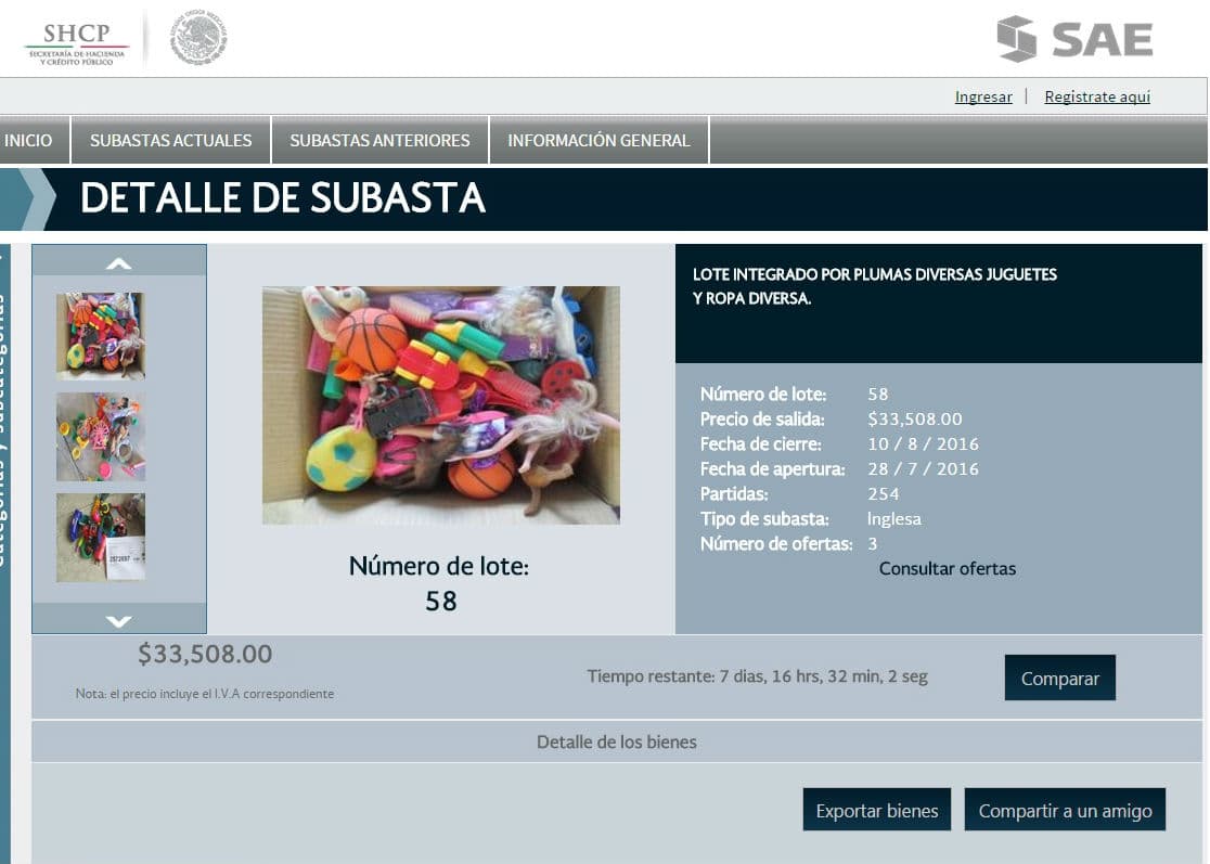 Subasta en línea de juguetes rotos.