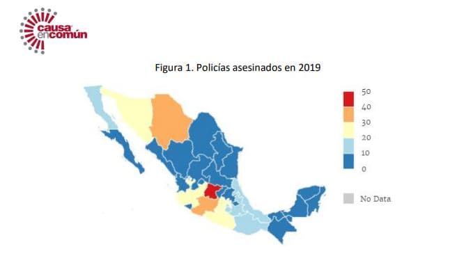 Mapa de zonas de México donde se han registrado más asesinatos de policías.