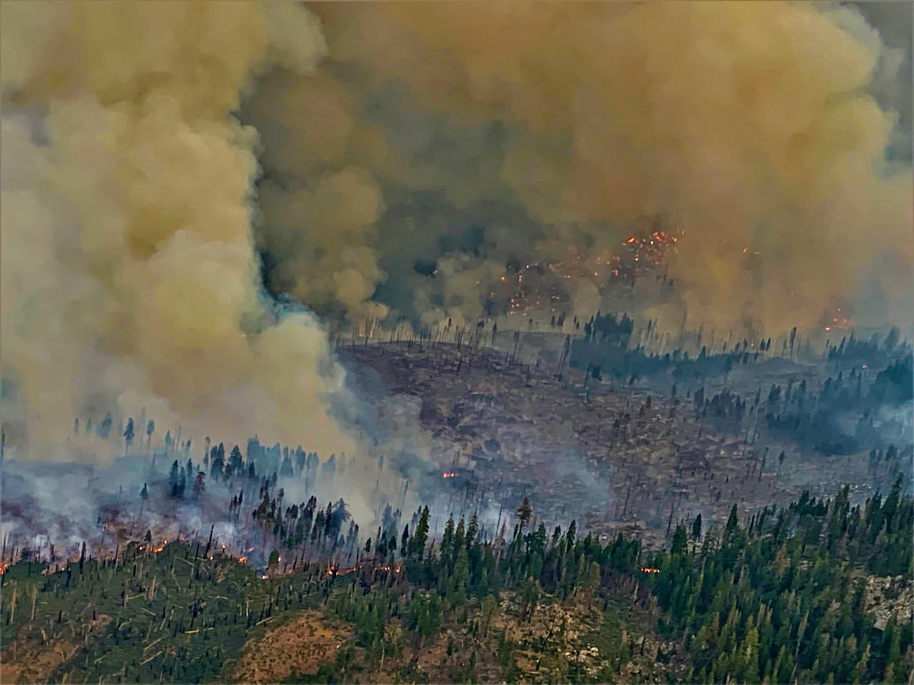 El 
<b>incendio Walkers</b>, en las inmediaciones del Parque Nacional Sequoia, es uno de los incendios que crece rápidamente y ha provocado gran humo sobre el condado de Tulare y Fresno.