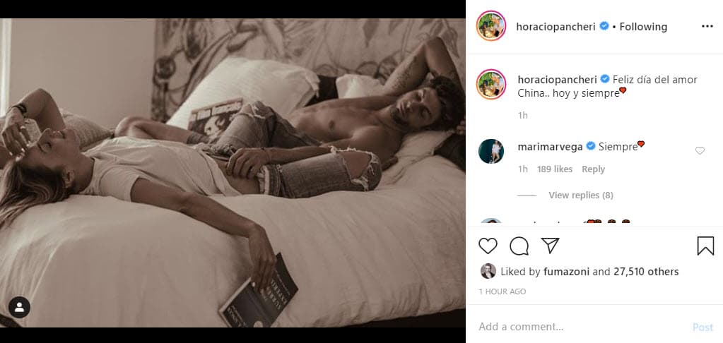 El argentino Horacio Pancheri felicitó a su novia Marimar Vega con un breve mensaje: "Feliz Día del Amor China.. hoy y siempre". La actriz comentó en la publicación "Siempre" y agregó un emoticono de corazón.
