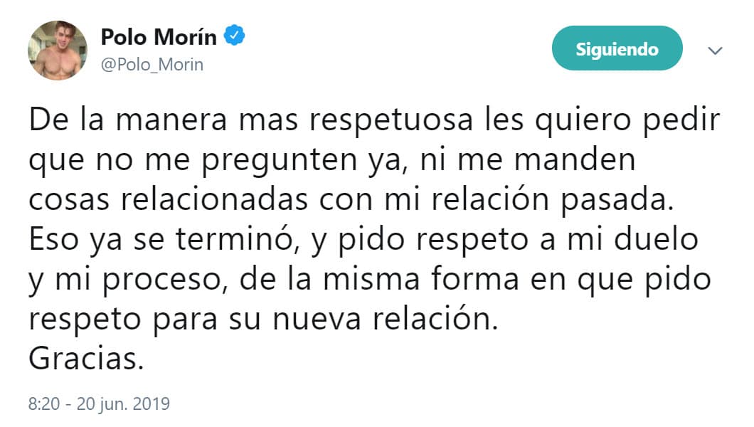 Dos años después, en 2019, fue el mismo Morín quien confirmó a través de Twitter
<b><a href="https://www.univision.com/famosos/polo-morin-pide-que-no-le-pregunten-por-su-exnovio-y-respeten-el-duelo-que-atraviesa-fotos">el final de su relación</a></b> con García.