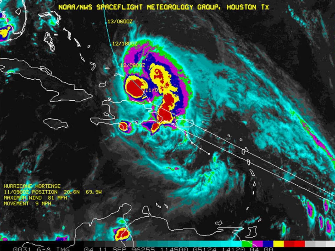 El huracán Hortense tocó tierra en Puerto Rico el 10 de septiembre de 1996. Informes reportan que 19 personas fallecieron.