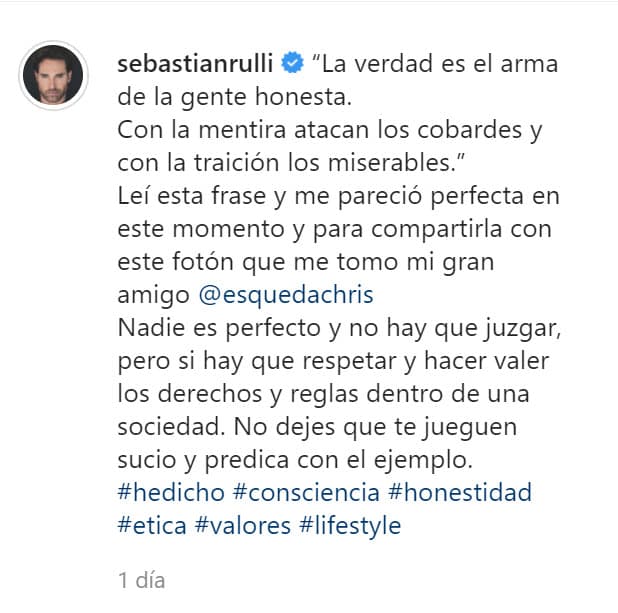 Más tarde, en su propia cuenta de Instagram, Rulli escribió un mensaje en el que citó esta frase en la que se habla acerca de que "
<b><a href="https://www.instagram.com/p/CP3OnywAT4O/" target="_blank">con la mentira atacan los cobardes</a></b> y con la traición los miserables".