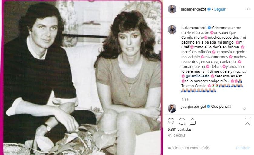En su perfil de Instagram, al pie de esta imagen, Lucía Méndez escribió: "Créanme que 
<b><a href="https://www.univision.com/programas/novelas/lucia-mendez-asegura-ya-estar-envejeciendo">me duele el corazón de saber que Camilo murió</a></b>. Muchos recuerdos, mi padrino en la balada, mi amigo, mi chef, como él lo decía en broma".