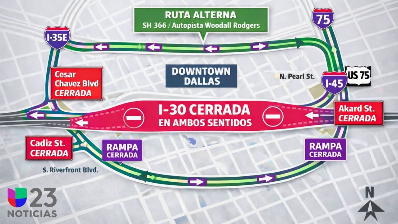 Mapa del cierre de I-30 en el centro de Dallas y desvíos.