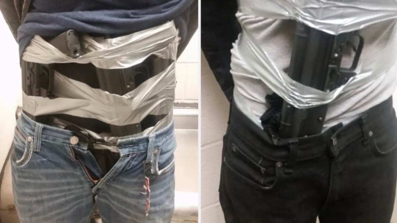 Los oficiales de CBP incautaron cuatro rifles de asalto pegados al cuerpo de dos hombres con cinta que intentaban cruzarlas a México.