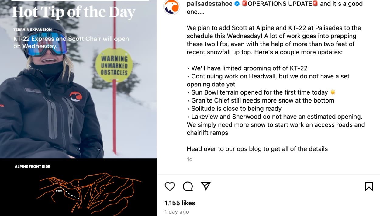 Todavía en el perfil de Instagram de Palisades Tahoe está colgado el video en el cual se le advierte a quienes intentaran esquiar en KT-22, que tenían que hacerlo bajo su propio riesgo.