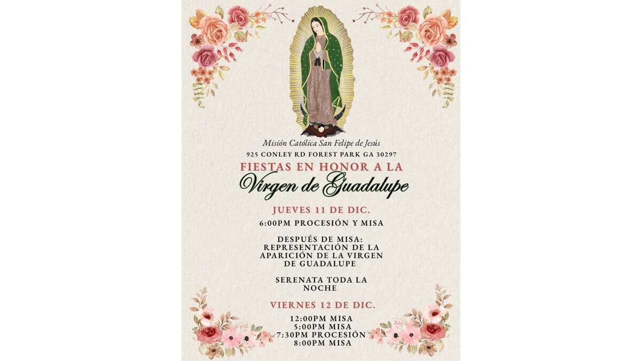 Calendario de la iglesia Misión Católica San Felipe de Jesús en Forest Park.