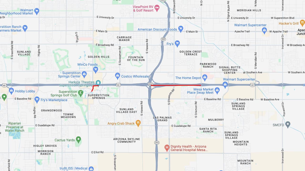 <b>US 60 este</b>
<br>La US 60 en dirección este cerrará entre el Loop 202 y Crismon Road en Mesa, desde las 9 p.m. del viernes 16 hasta las 5 a. m. del lunes 19 de febrero.
<br>
<br>La rampa de entrada de la US 60 en dirección este en Power Road también cerrará, así como ambas rampas del Loop 202 hacia la US 60 en dirección este cerraron.
<br>
<br>
<b>Rutas alternas</b>
<br>Considere salir antes del cierre y usar rutas alternativas, incluidas Baseline Road en dirección este o Southern Avenue, para viajar más allá del cierre.