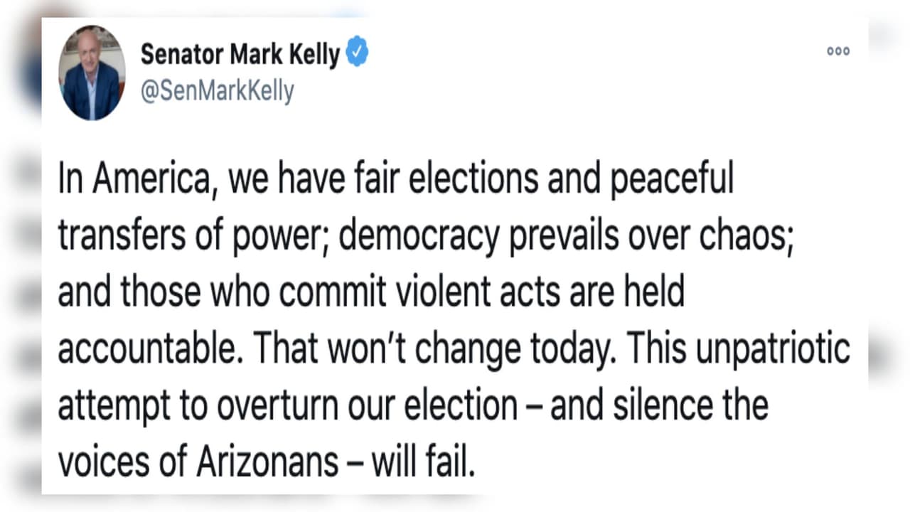 “En Estados Unidos, tenemos elecciones justas y transferencias de poder pacíficas; la democracia prevalece sobre el caos; y los que cometen actos violentos deben rendir cuentas. Eso no cambiará hoy. Este intento antipatriótico de anular nuestra elección y silenciar las voces de los arizonenses fracasará”, escribió el demócrata Mark Kelly en su cuenta de Twitter.