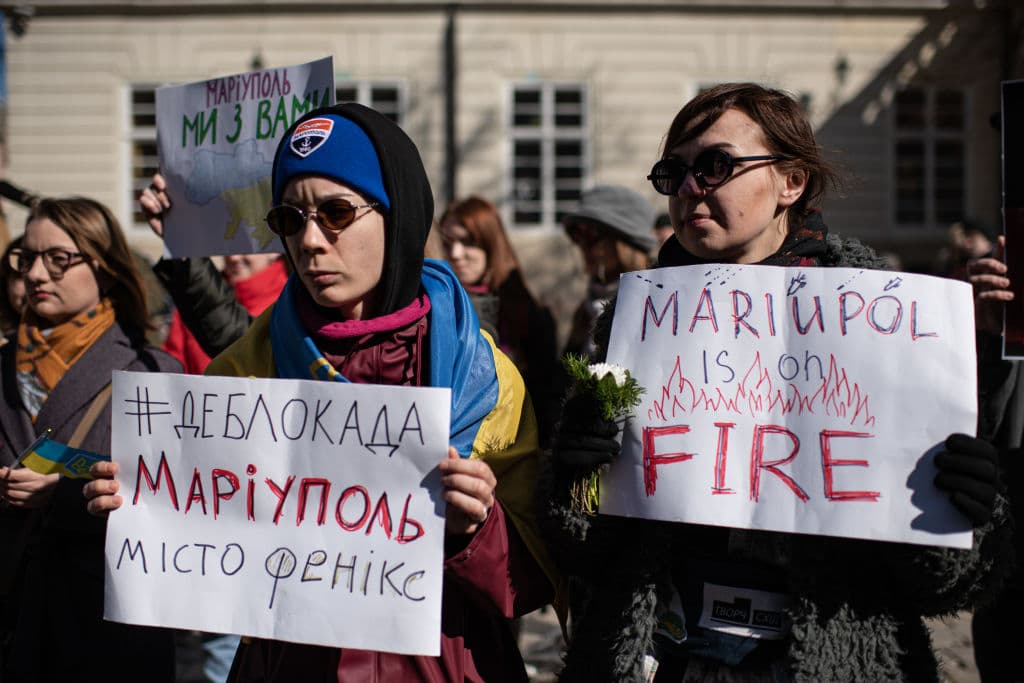 Ukrainians take part in an action in support of the residents and defenders of Mariupol on March 19, 2022 in Lviv, Ukraine.