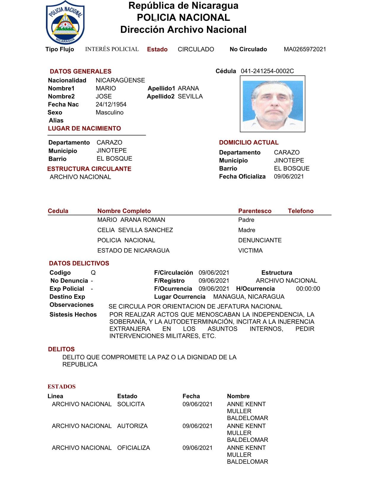 El orden de aresto contra Mario Arana, con fecha dl 9 de junio, 2021.