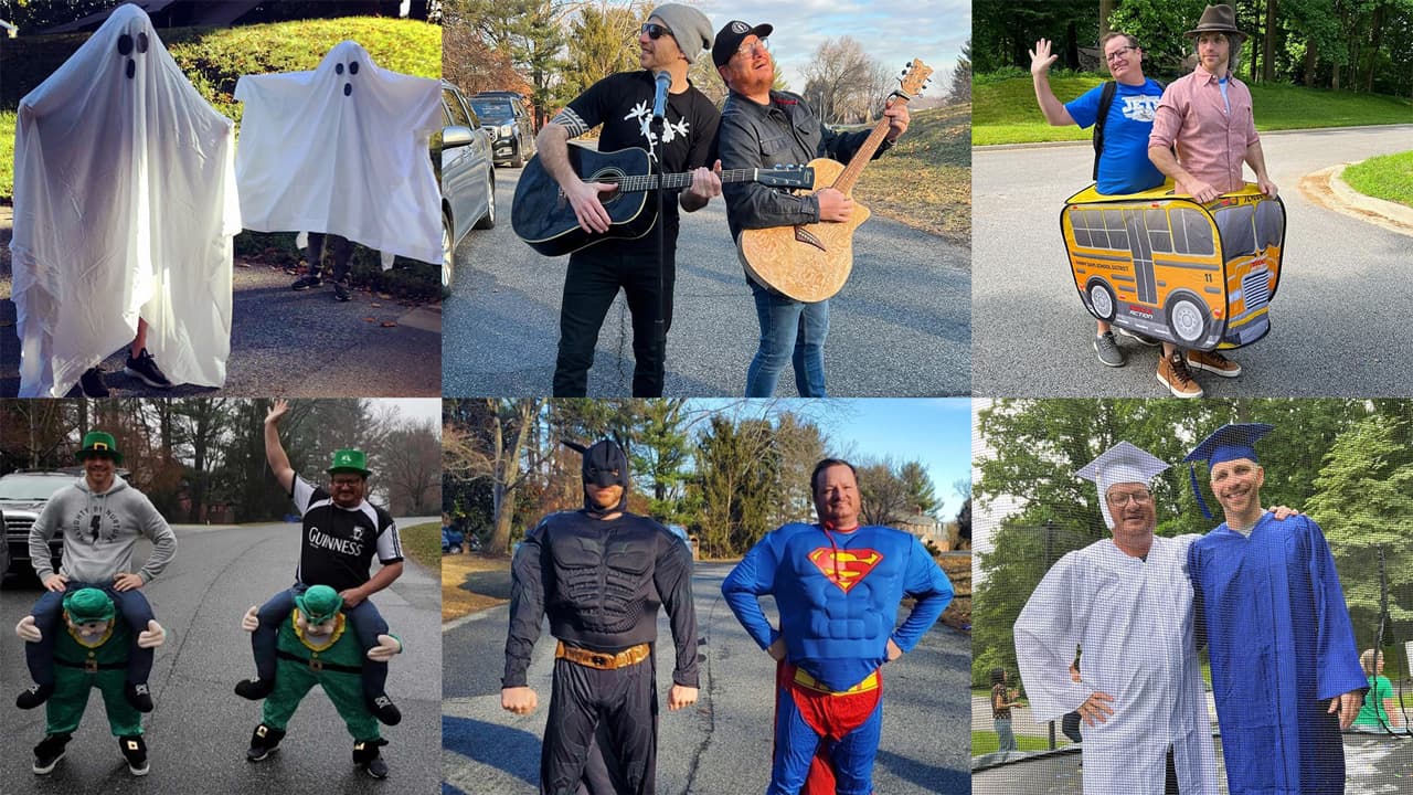 Adam Clement y Nick Jones salieron cada semana desde octubre con un disfraz nuevo para saludar a sus hijas en el autobús escolar.