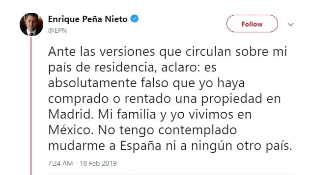 en tanto, Enrique Peña Nieto también aprovechó su cuenta de Twiter para desmentir que este viviendo en Madrid, España como se ha dicho desde hace algunas semanas y donde se le vio con Tania.