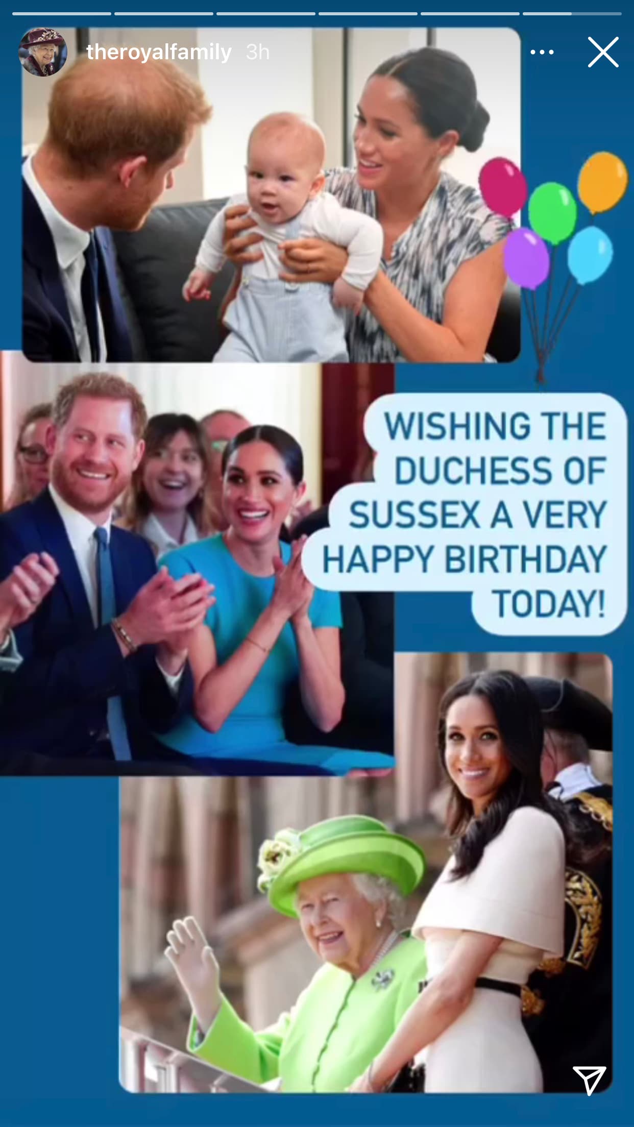 La reina Isabel recurrió a su cuenta oficial de Instagram para mandarle este mensaje de felicitación, en el que utilizó algunas de las pocas imágenes que existen de Meghan Markle
<b> <a href="https://www.univision.com/famosos/el-hijo-de-meghan-markle-y-harry-cumple-su-primer-ano-este-es-el-regalo-de-archie-harrison-al-mundo-video" target="_blank">junto a su primogénito Archie. </a></b>