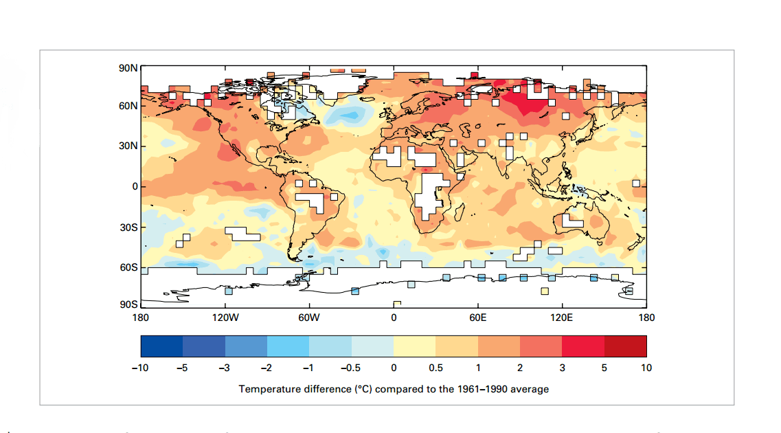 En rojo el alza en grados Celsius de la temperatura con respecto a los registros de 1961 a 1990.