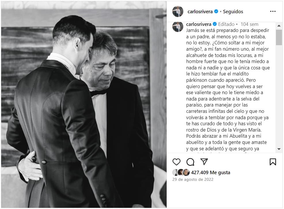 Carlos Rivera dedicó emotivas palabras a su papá tras su muerte.