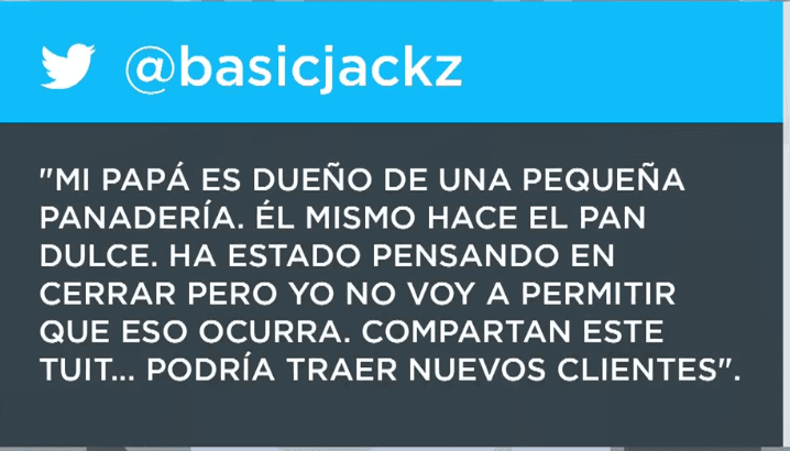 <b>El tuit viral que salvó de la quiebra a una panadería de Texas</b>
<br>Jackqueline Garza es una joven que 
<a href="https://www.univision.com/noticias/edicion-digital/el-tuit-viral-que-salvo-de-la-quiebra-a-una-panaderia-de-texas-video">compartió un tuit</a> invitando a visitar la panadería de su padre inmigrante, a punto de cerrar por problemas económicos. Su mensaje se volvió viral y se pudo recuperar el negocio.