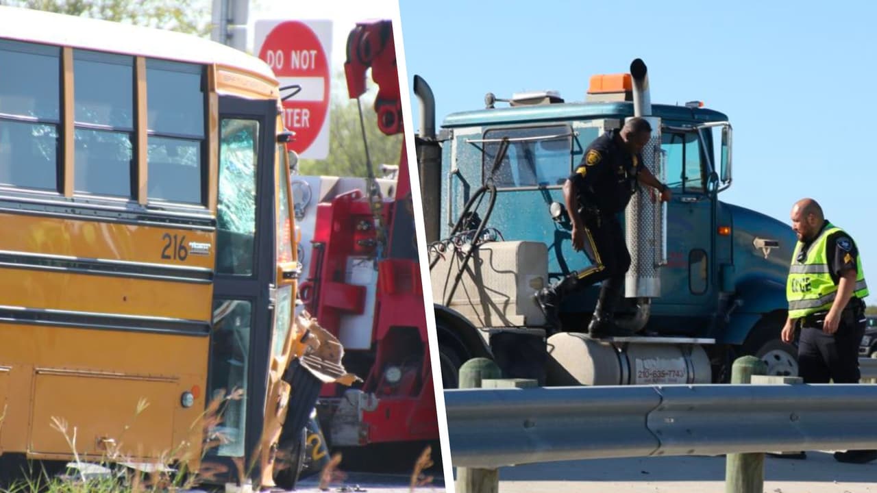 Accidente en San Antonio: Camión de 18 ruedas choca contra un autobús escolar con 20 estudiantes