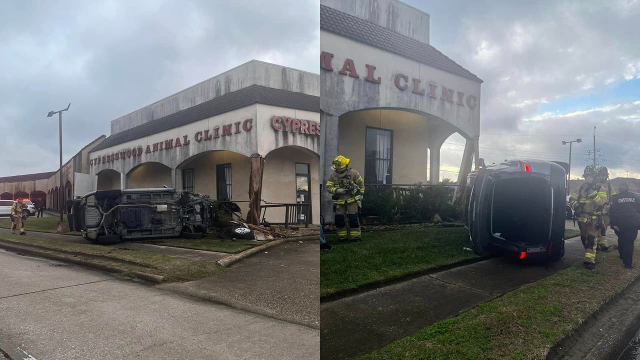 Un auto choca contra una clínica de animales al norte del condado de Harris