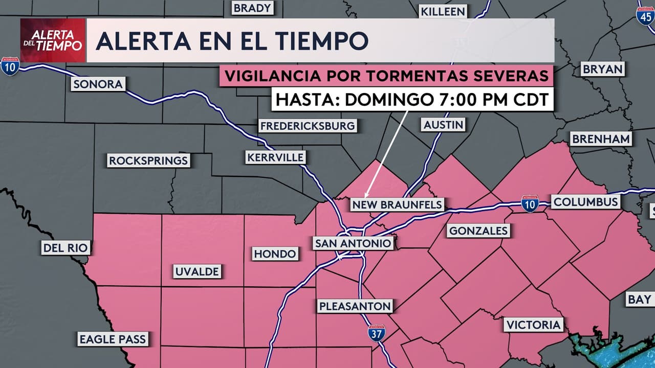 Se emite una Vigilancia por Tormentas Severas para el centro de Texas, vigente hasta las 7 de la noche de este domingo.